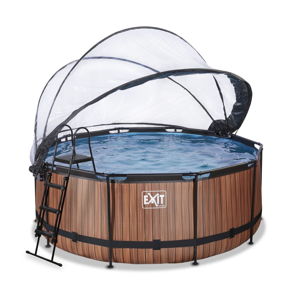 EXIT Wood zwembad ø360x122cm met zandfilterpomp en overkapping en warmtepomp - bruin - 30.67.12.10_1